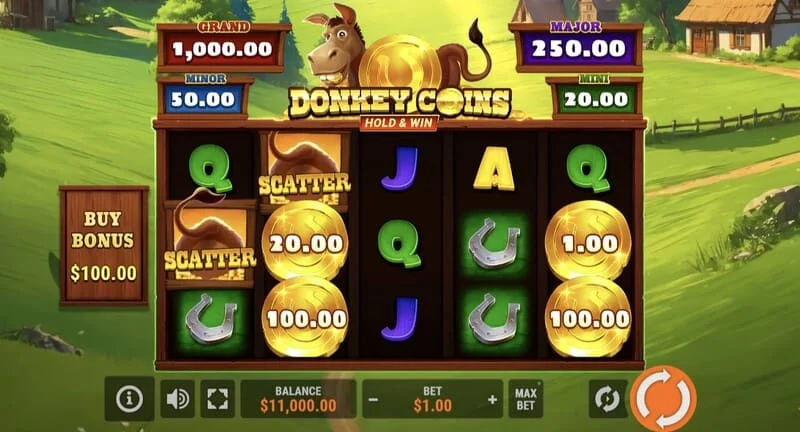 Donkey Coins Hold & Win - Layar utama dengan gulungan